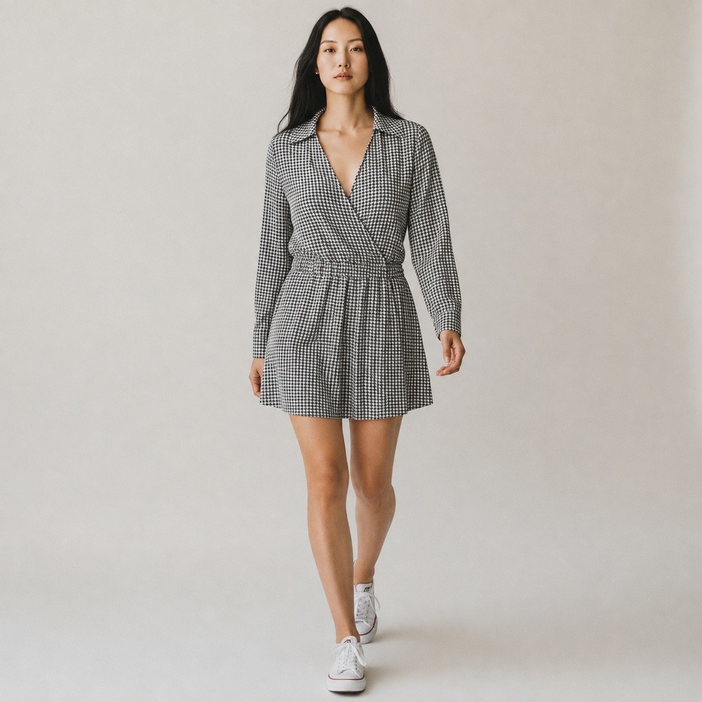 Zara Women M Houndstooth Wrap Mini Dress Old Money Dark Academia Black White - Picture 1 of 10